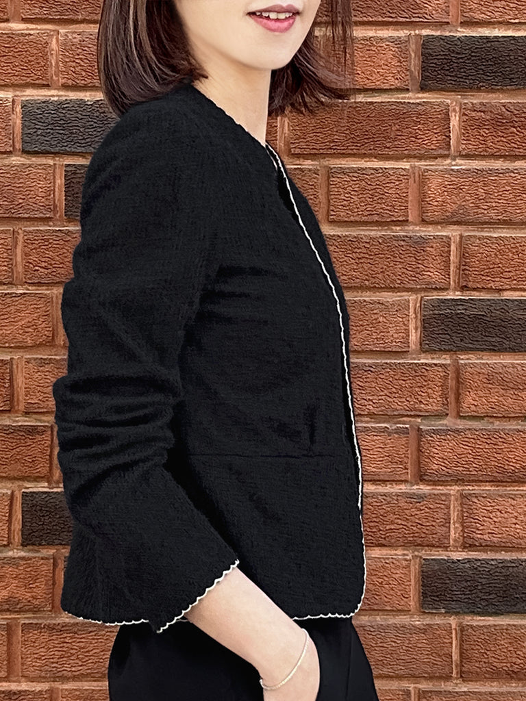 紋理黑色扇貝縫邊荷葉邊春季夾克