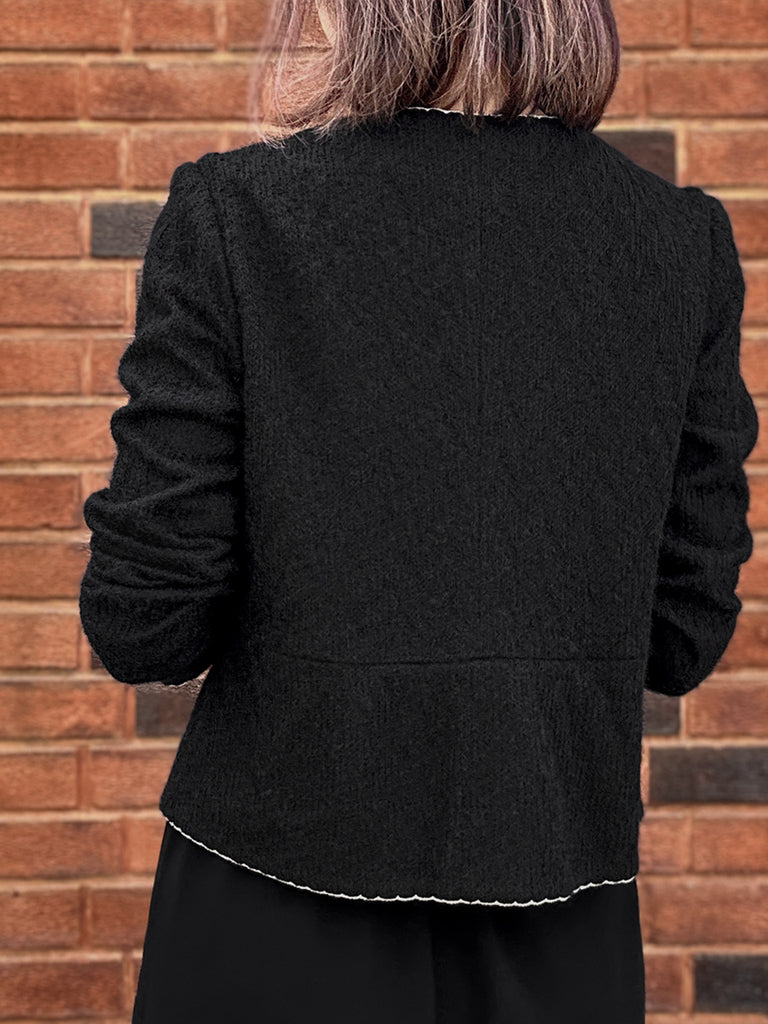 紋理黑色扇貝縫邊荷葉邊春季夾克