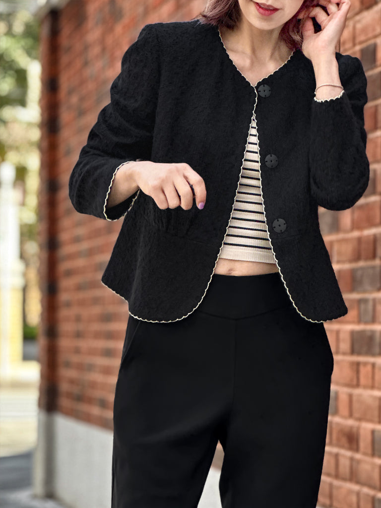 紋理黑色扇貝縫邊荷葉邊春季夾克