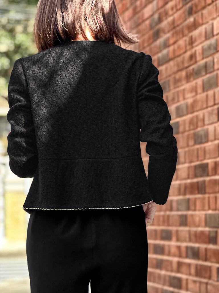 紋理黑色扇貝縫邊荷葉邊春季夾克