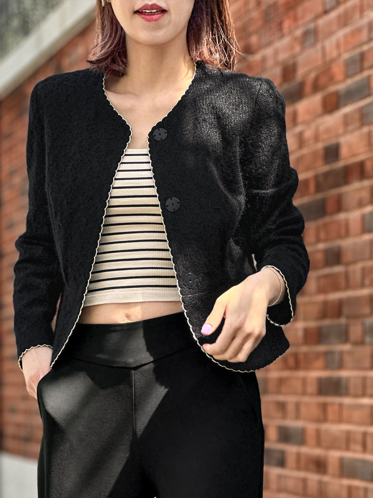 紋理黑色扇貝縫邊荷葉邊春季夾克