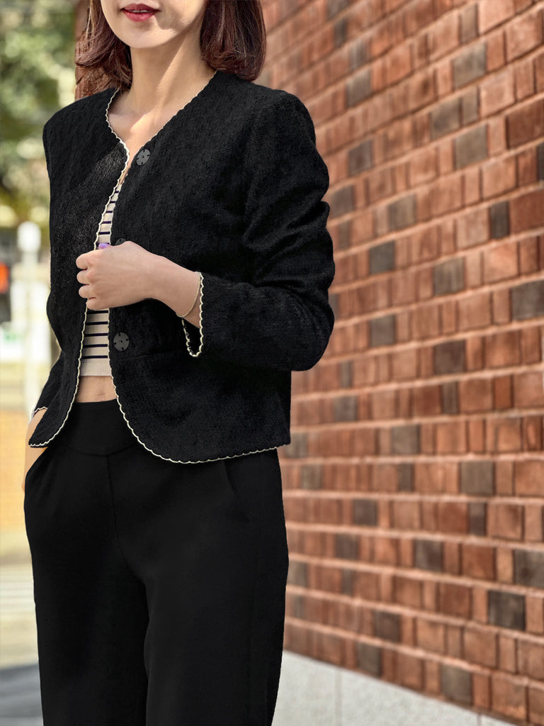 紋理黑色扇貝縫邊荷葉邊春季夾克