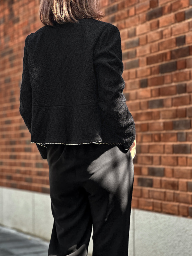 紋理黑色扇貝縫邊荷葉邊春季夾克