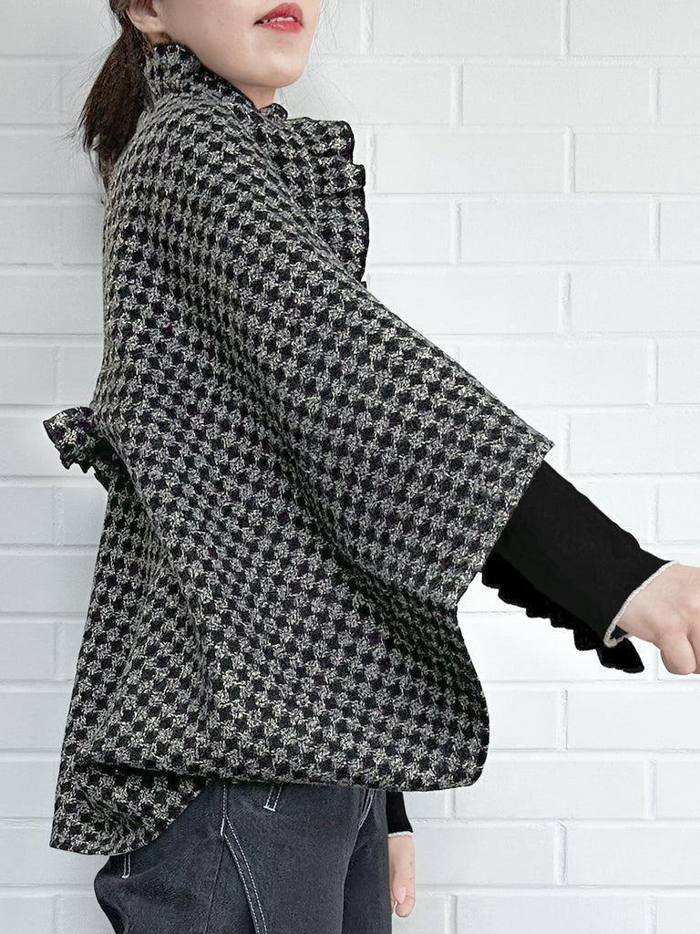 黑色盧勒克斯格紋三向荷葉邊斗篷開襟衫 - 短上衣