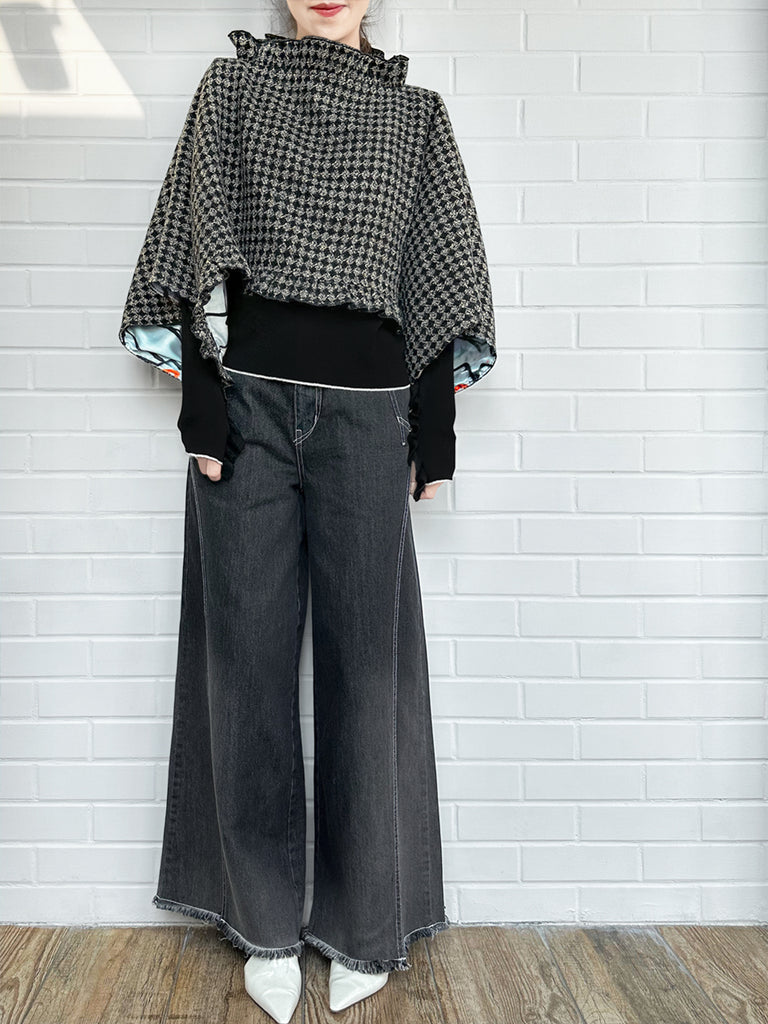 黑色盧勒克斯格紋三向荷葉邊斗篷開襟衫 - 短上衣