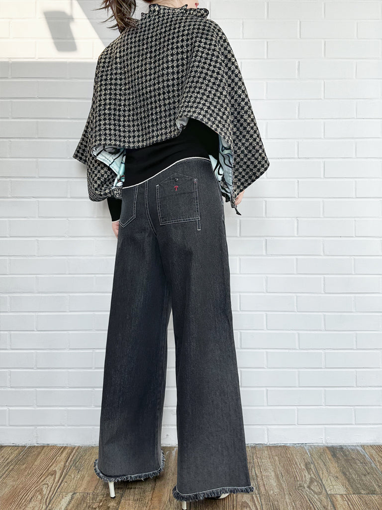 黑色盧勒克斯格紋三向荷葉邊斗篷開襟衫 - 短上衣