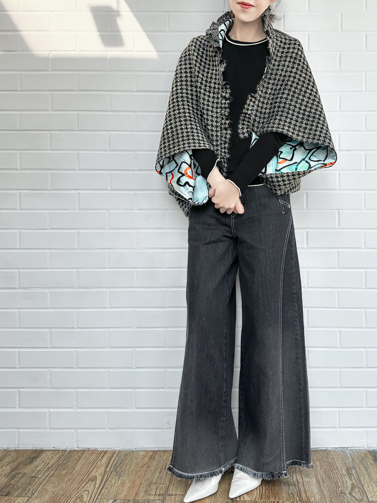 黑色盧勒克斯格紋三向荷葉邊斗篷開襟衫 - 短上衣