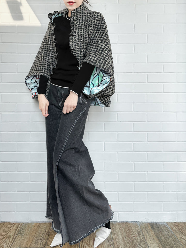 黑色盧勒克斯格紋三向荷葉邊斗篷開襟衫 - 短上衣