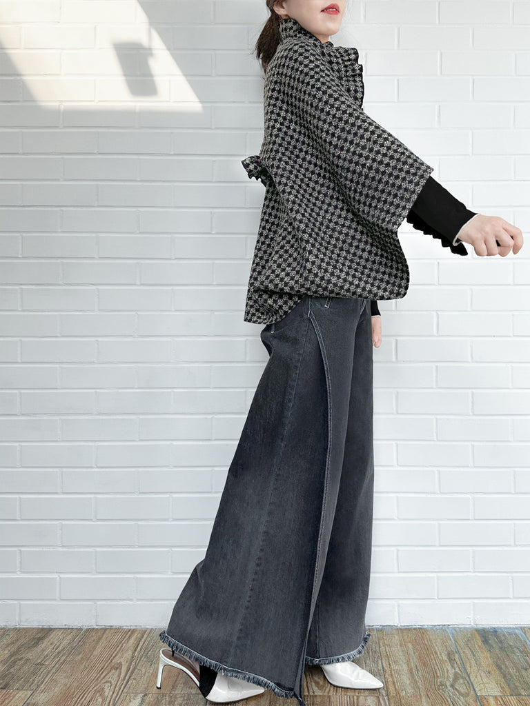 黑色盧勒克斯格紋三向荷葉邊斗篷開襟衫 - 短上衣