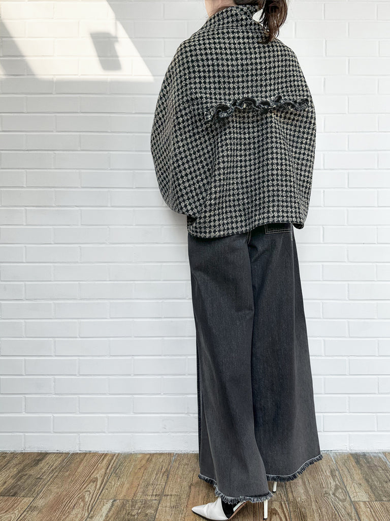 黑色盧勒克斯格紋三向荷葉邊斗篷開襟衫 - 短上衣