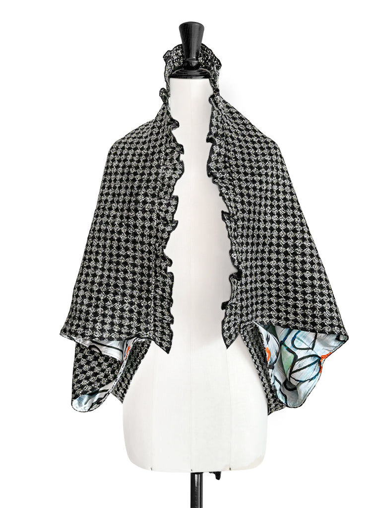 黑色盧勒克斯格紋三向荷葉邊斗篷開襟衫 - 短上衣