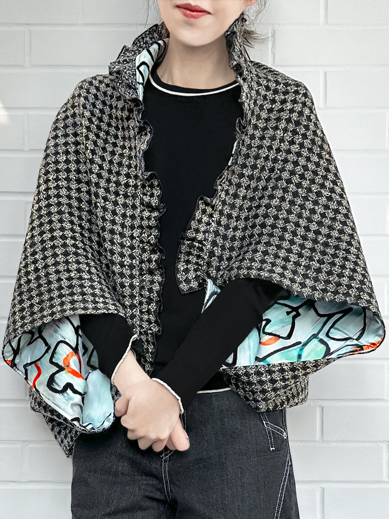 黑色盧勒克斯格紋三向荷葉邊斗篷開襟衫 - 短上衣