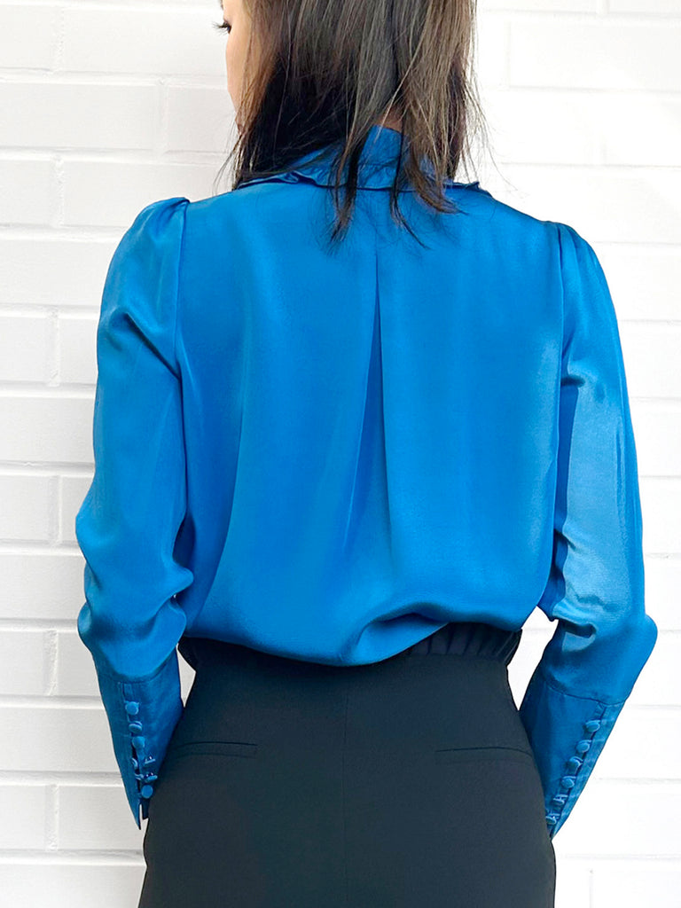 Surprise Sale! Vivid Blue Ruffled Collar Double Breasted Silky Shirt