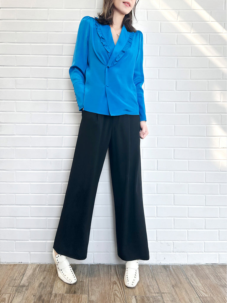 Surprise Sale! Vivid Blue Ruffled Collar Double Breasted Silky Shirt