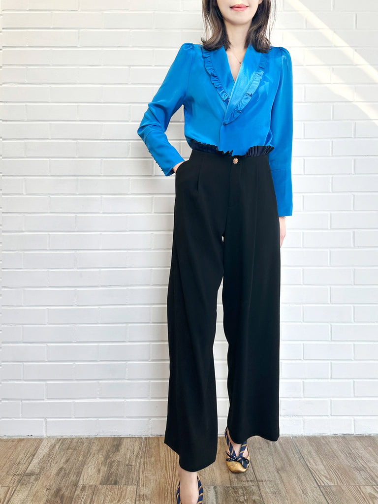 Surprise Sale! Vivid Blue Ruffled Collar Double Breasted Silky Shirt