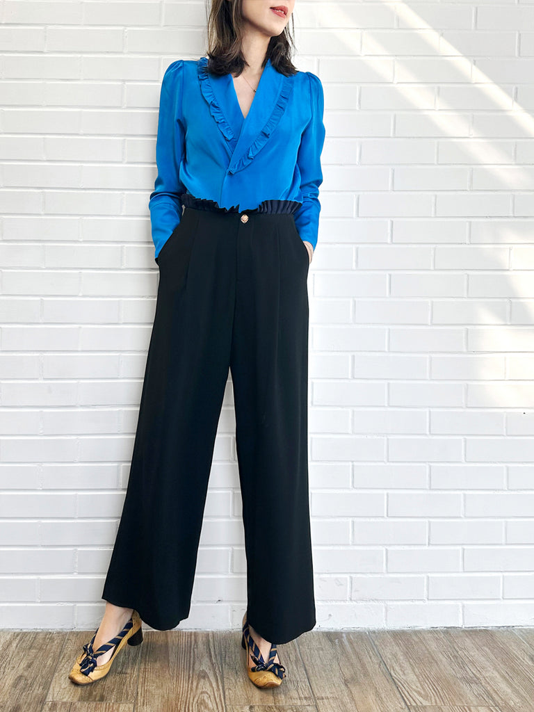 Surprise Sale! Vivid Blue Ruffled Collar Double Breasted Silky Shirt