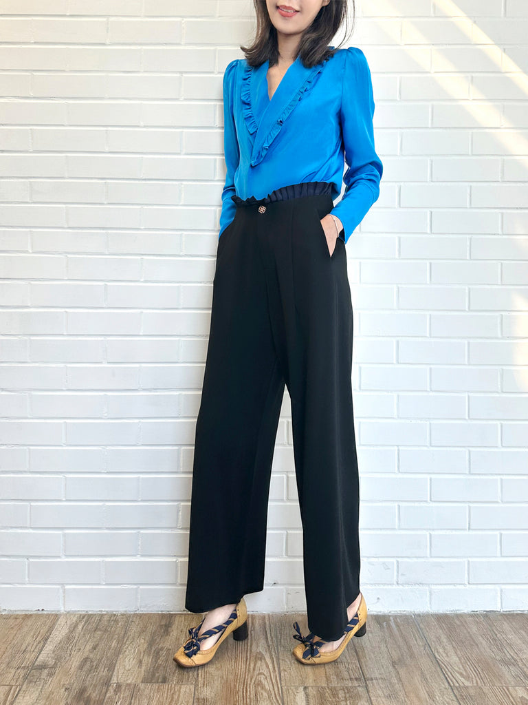 Surprise Sale! Vivid Blue Ruffled Collar Double Breasted Silky Shirt