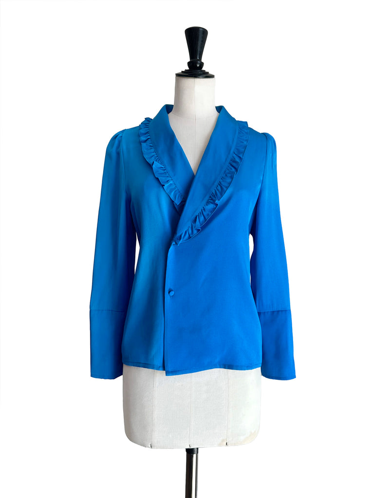 Surprise Sale! Vivid Blue Ruffled Collar Double Breasted Silky Shirt