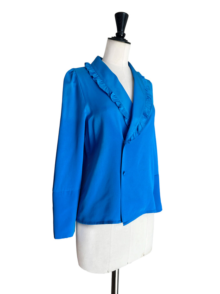 Surprise Sale! Vivid Blue Ruffled Collar Double Breasted Silky Shirt