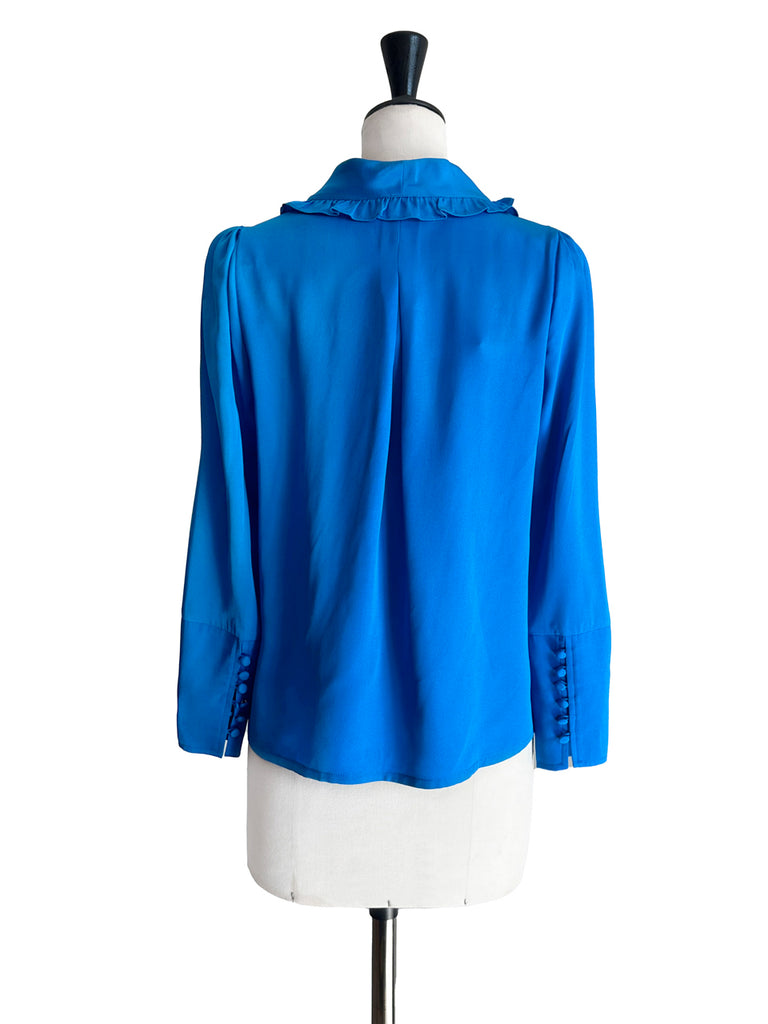Surprise Sale! Vivid Blue Ruffled Collar Double Breasted Silky Shirt