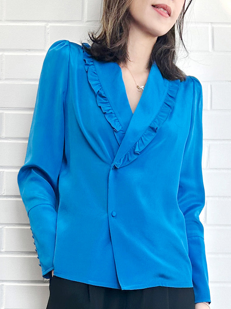 Surprise Sale! Vivid Blue Ruffled Collar Double Breasted Silky Shirt