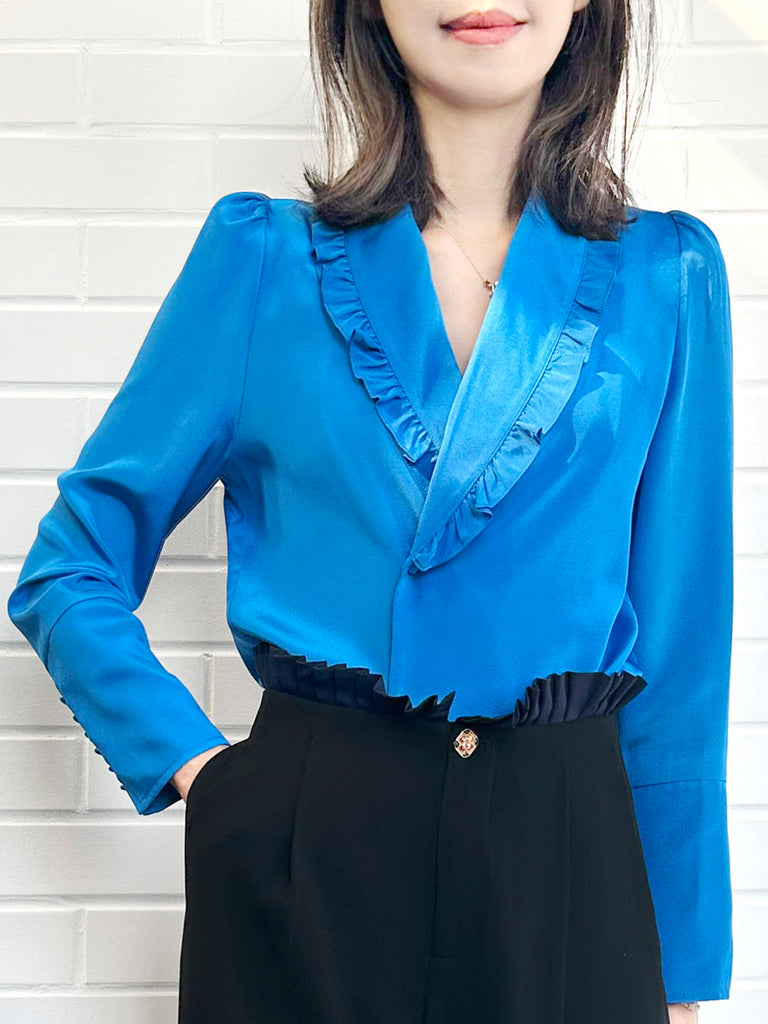 Surprise Sale! Vivid Blue Ruffled Collar Double Breasted Silky Shirt