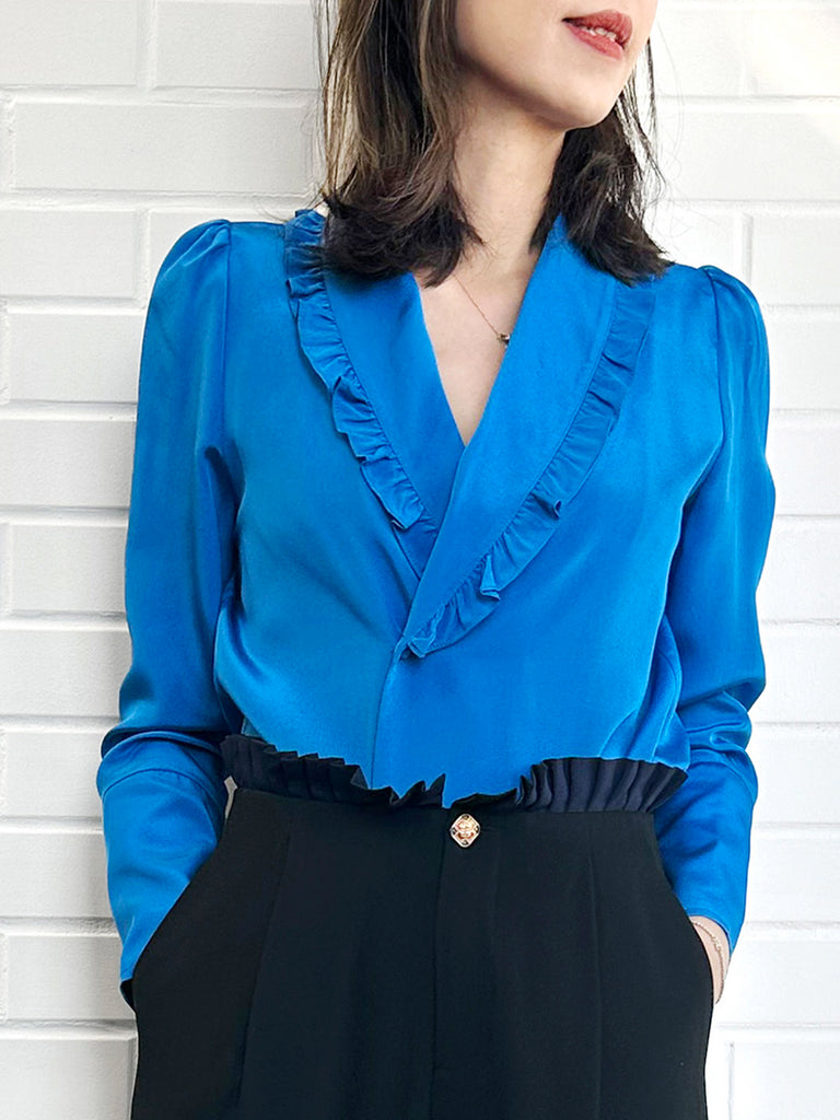 Surprise Sale! Vivid Blue Ruffled Collar Double Breasted Silky Shirt