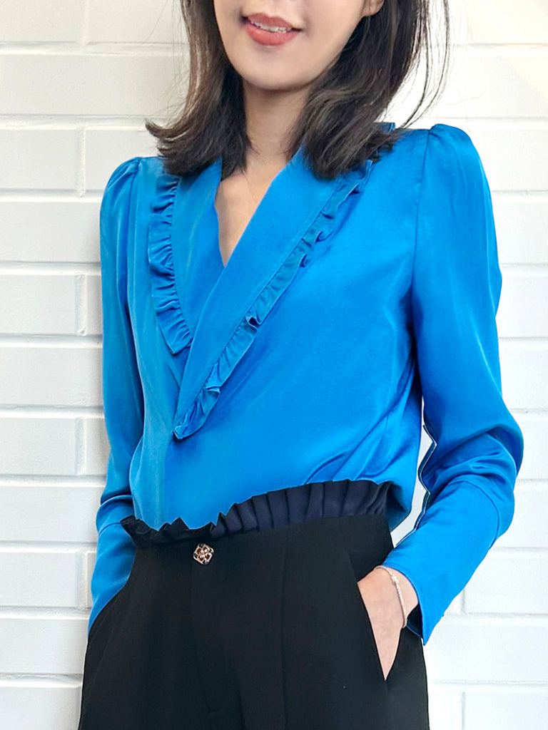 Surprise Sale! Vivid Blue Ruffled Collar Double Breasted Silky Shirt