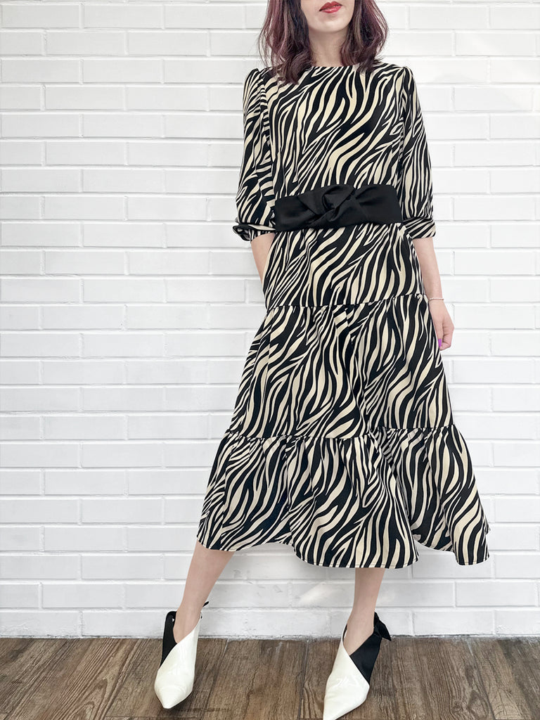 斑馬紋別緻二合一中長分層飄逸連身裙