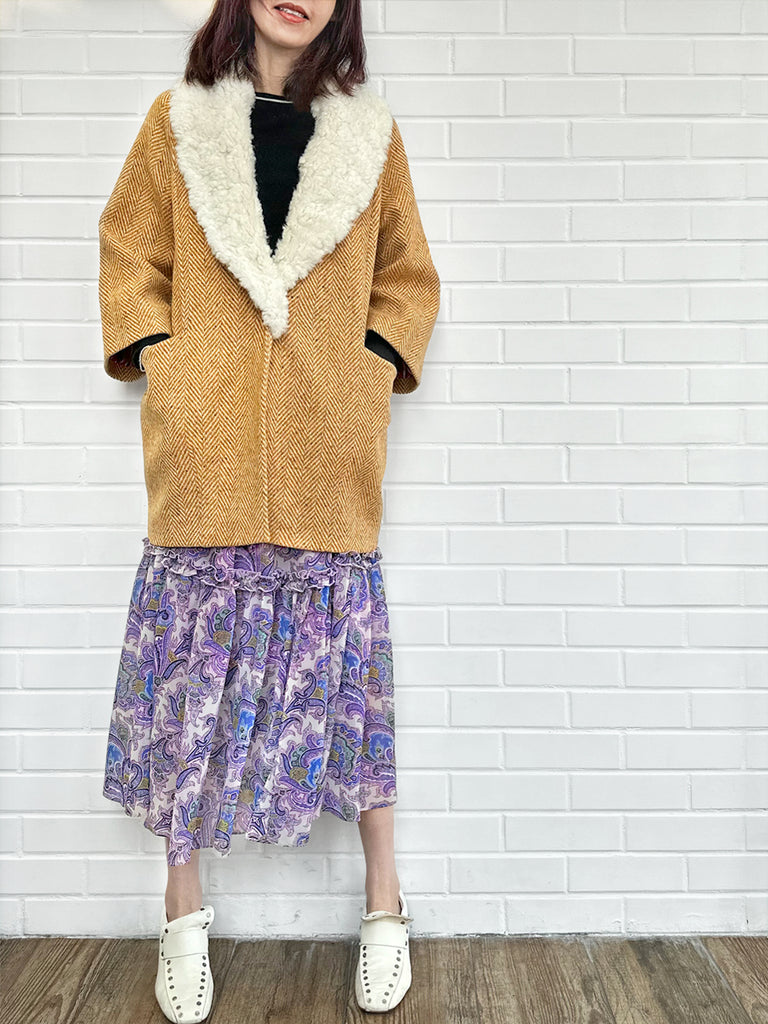 太妃糖可拆毛領人字紋羊毛繭大衣