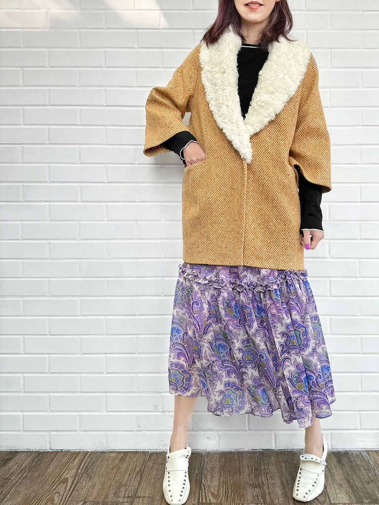 太妃糖可拆毛領人字紋羊毛繭大衣