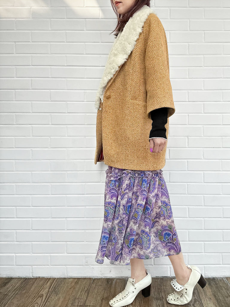 太妃糖可拆毛領人字紋羊毛繭大衣