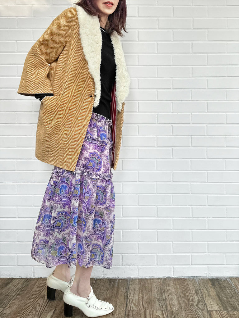 太妃糖可拆毛領人字紋羊毛繭大衣