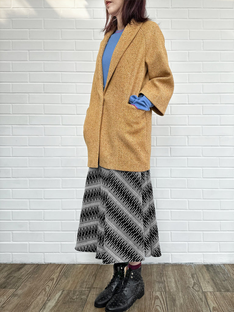 太妃糖可拆毛領人字紋羊毛繭大衣