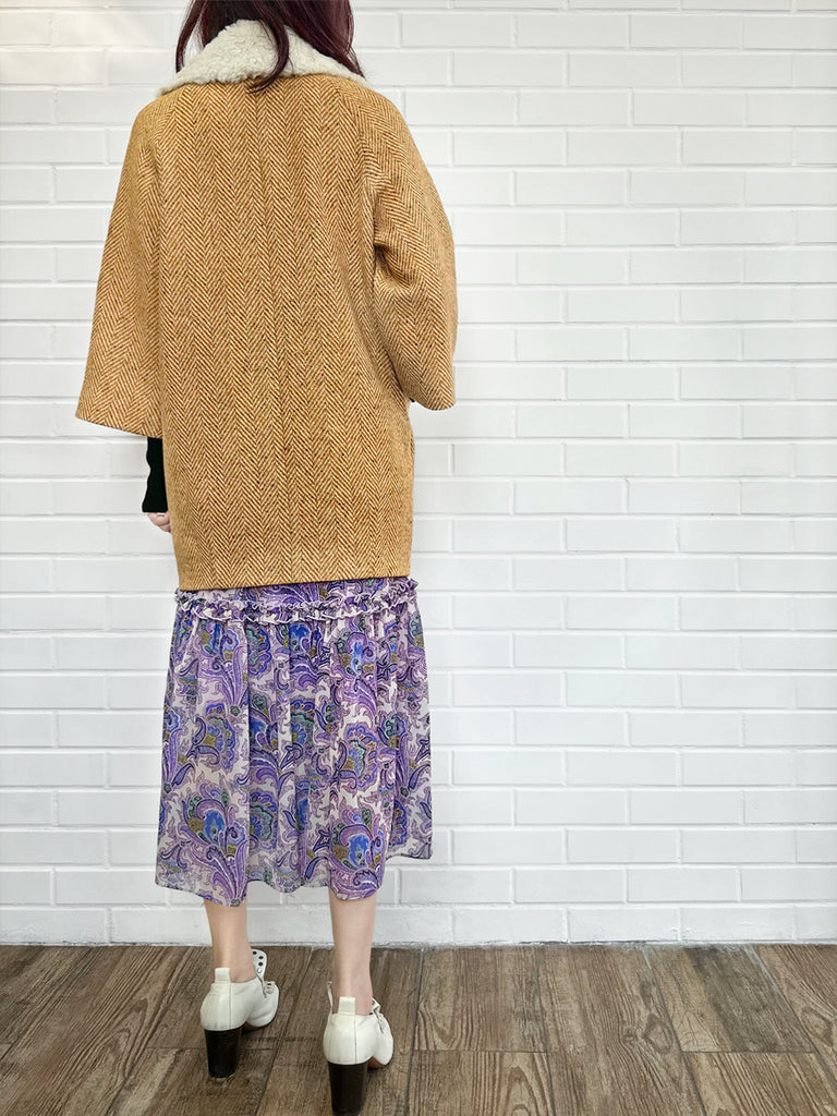 太妃糖可拆毛領人字紋羊毛繭大衣