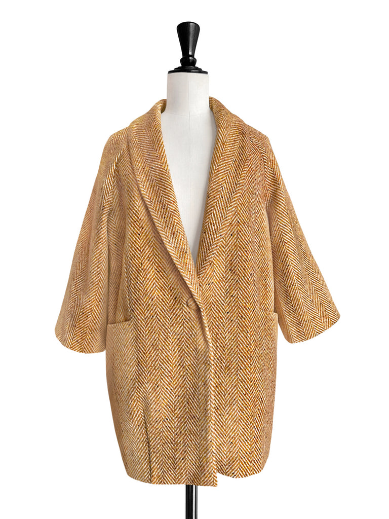 太妃糖可拆毛領人字紋羊毛繭大衣