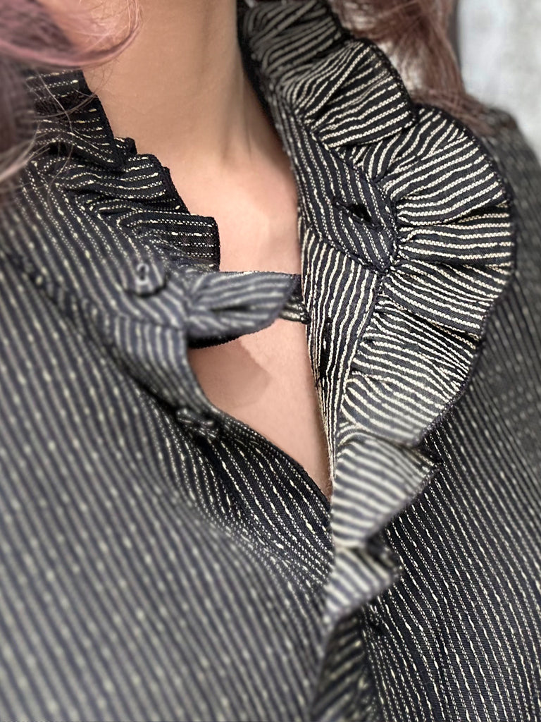 Textured Stripes Ruffled Placket Stand Collar Shirt