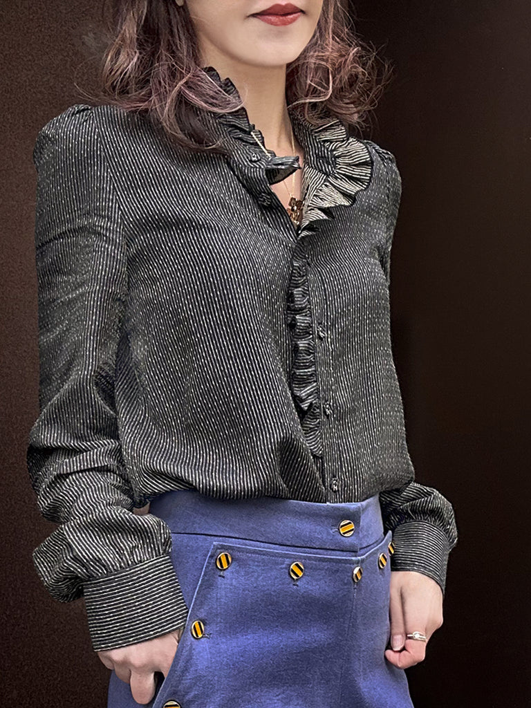 Textured Stripes Ruffled Placket Stand Collar Shirt