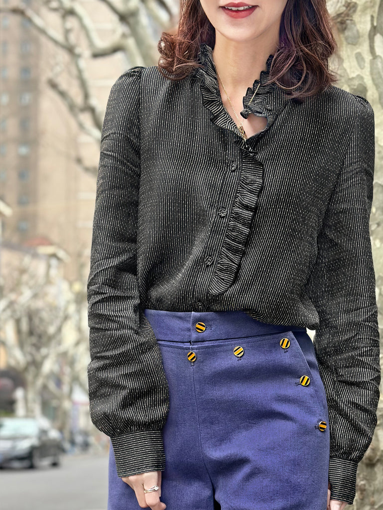 Textured Stripes Ruffled Placket Stand Collar Shirt