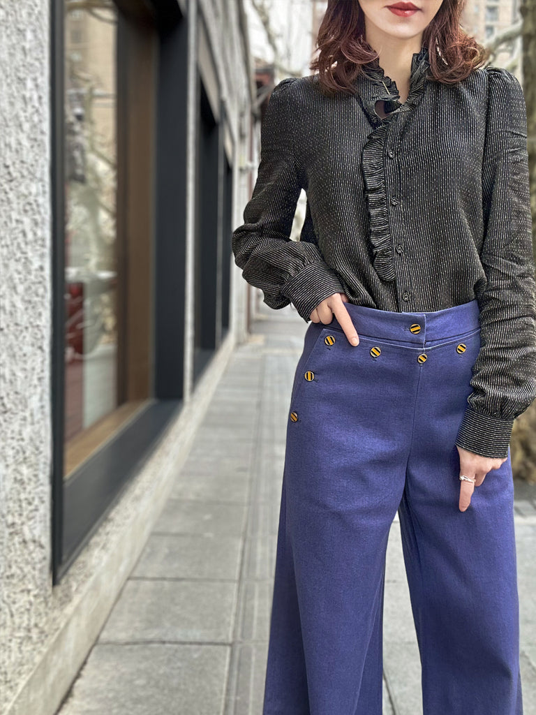 Textured Stripes Ruffled Placket Stand Collar Shirt