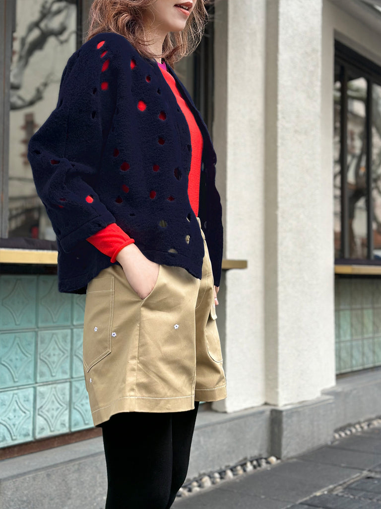 海軍藍波點毛氈開襟羊毛短夾克