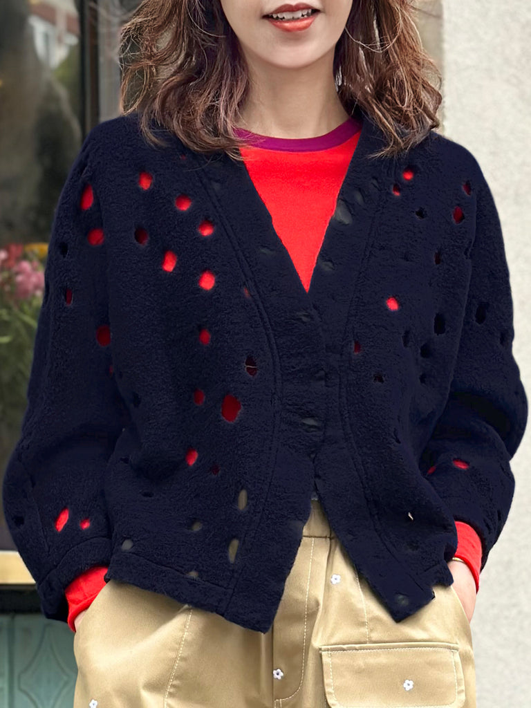 海軍藍波點毛氈開襟羊毛短夾克