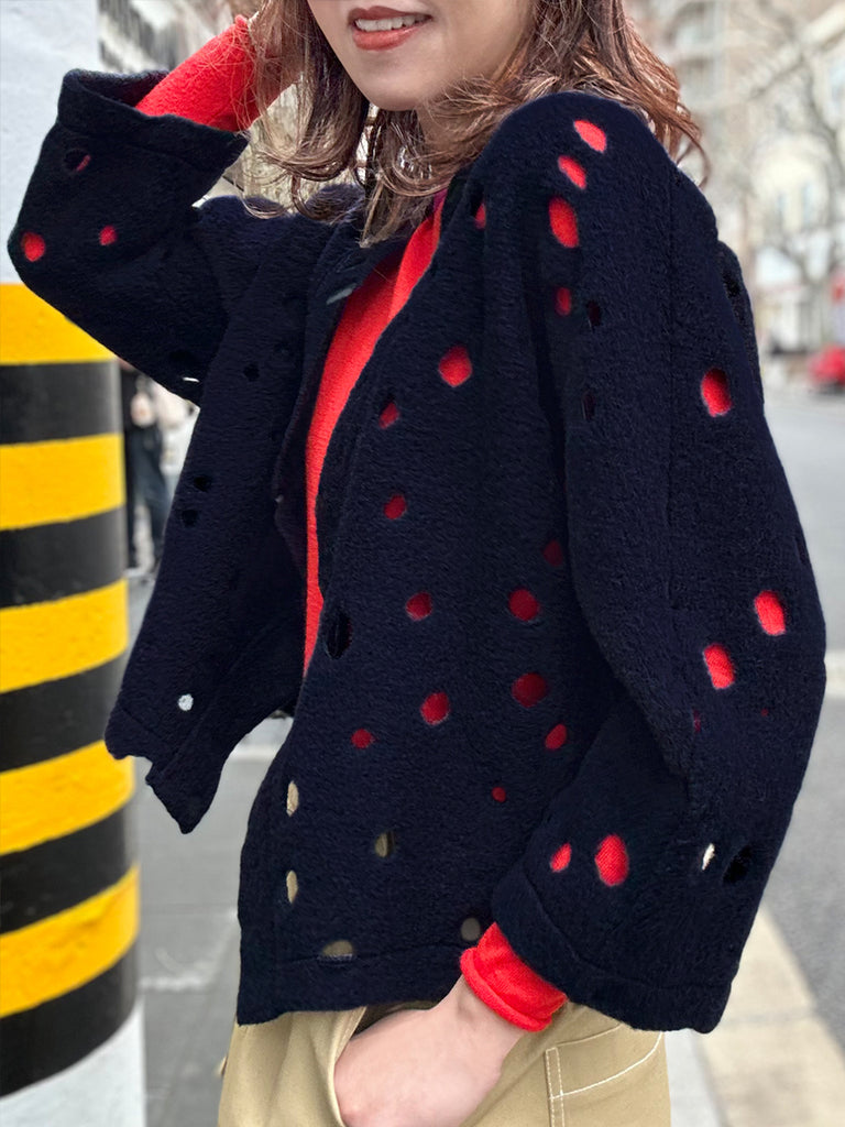 海軍藍波點毛氈開襟羊毛短夾克