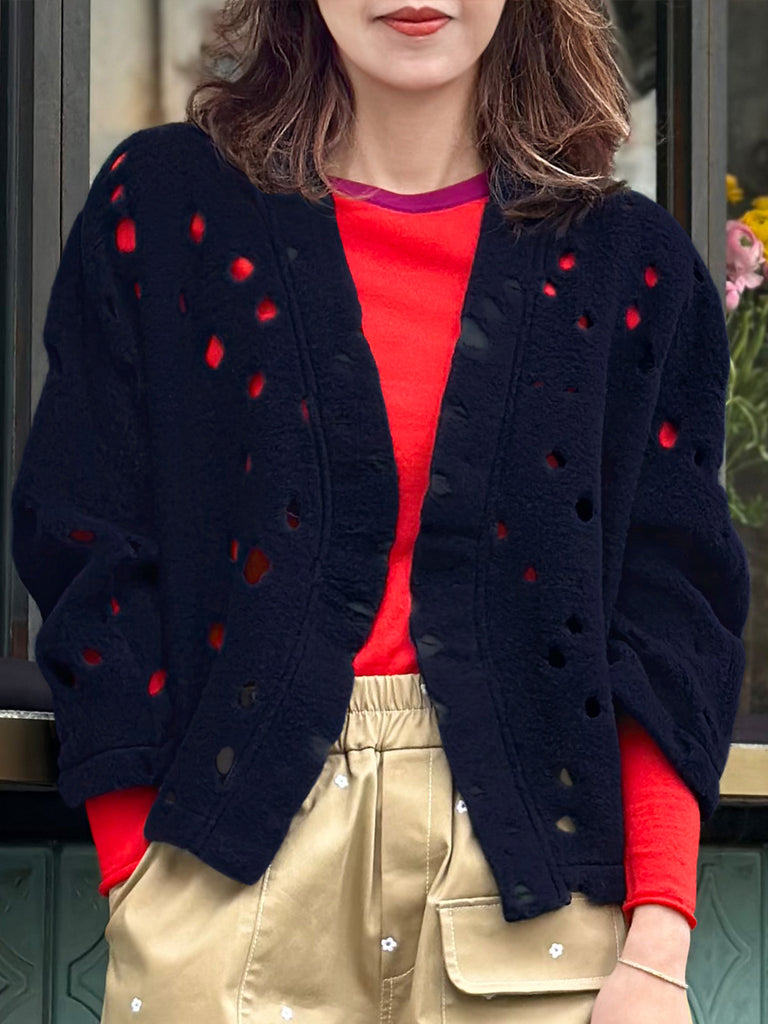 海軍藍波點毛氈開襟羊毛短夾克