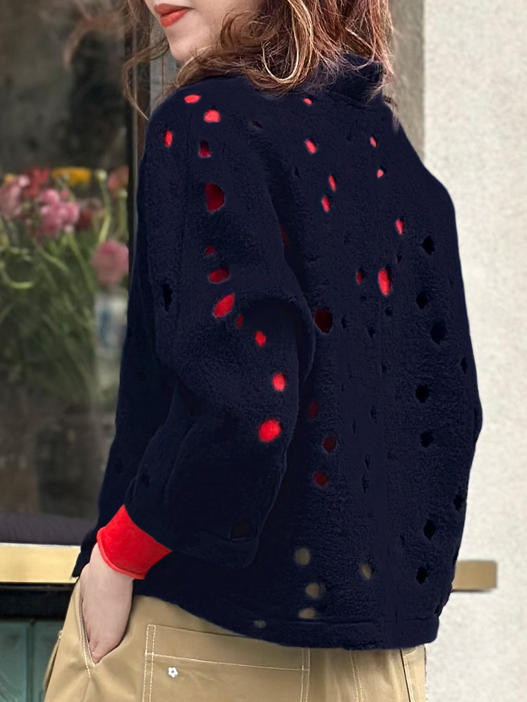 海軍藍波點毛氈開襟羊毛短夾克