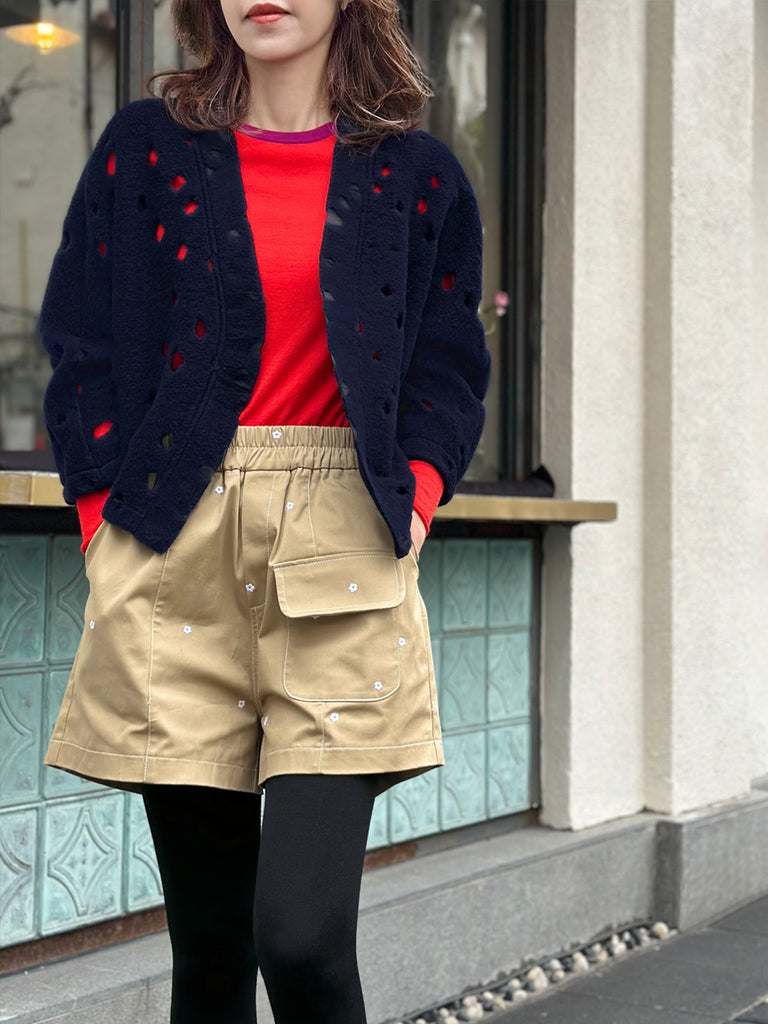 海軍藍波點毛氈開襟羊毛短夾克