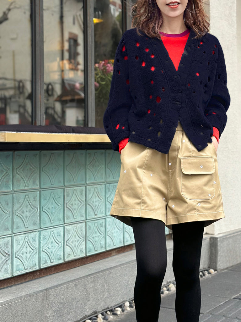 海軍藍波點毛氈開襟羊毛短夾克