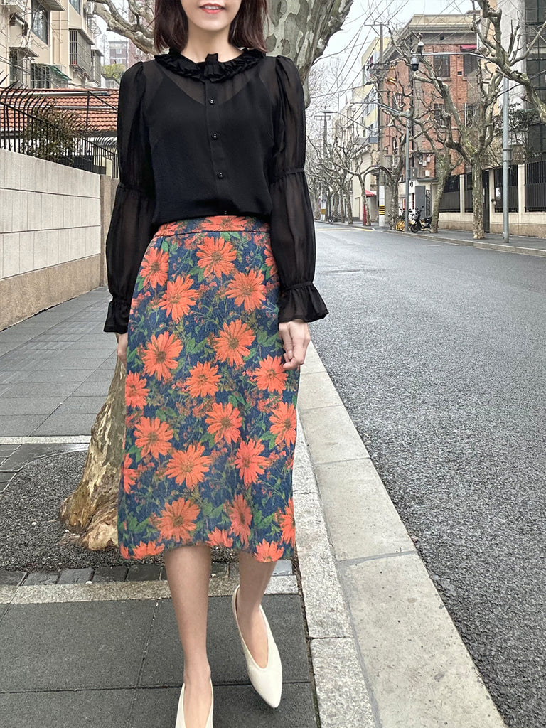 Final Sale! Sheer Noir Pleated Collar Tiers Sleeve Silky Blouse