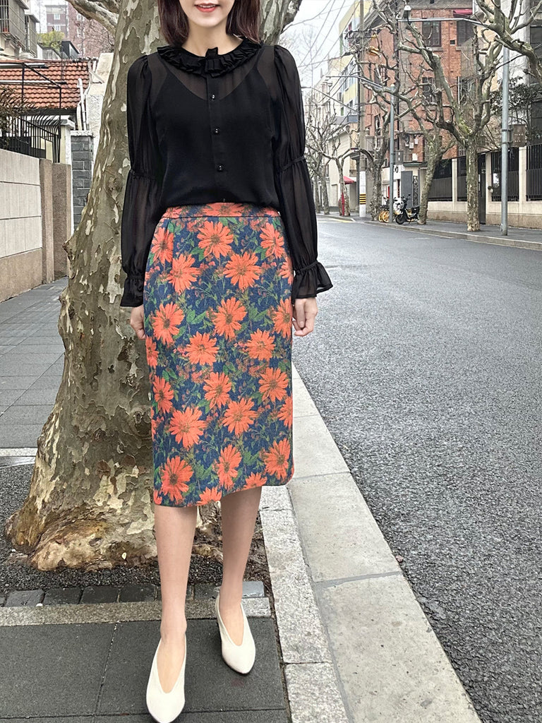 Final Sale! Sheer Noir Pleated Collar Tiers Sleeve Silky Blouse