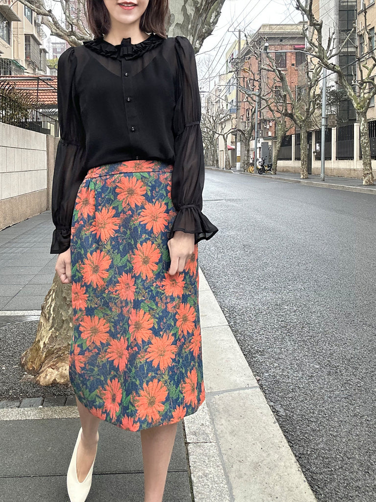 Final Sale! Sheer Noir Pleated Collar Tiers Sleeve Silky Blouse